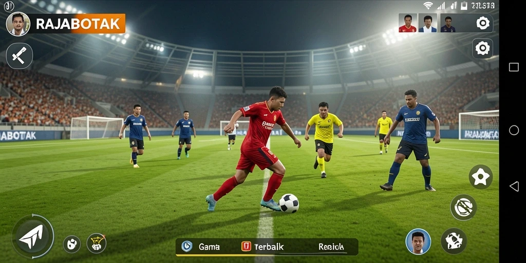 Tampilan gameplay RAJABOTAK yang mendebarkan di lapangan sepak bola.